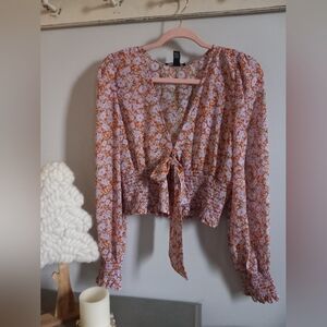 Forever 21 Floral Tie-Front Blouse - Pink and Orange New